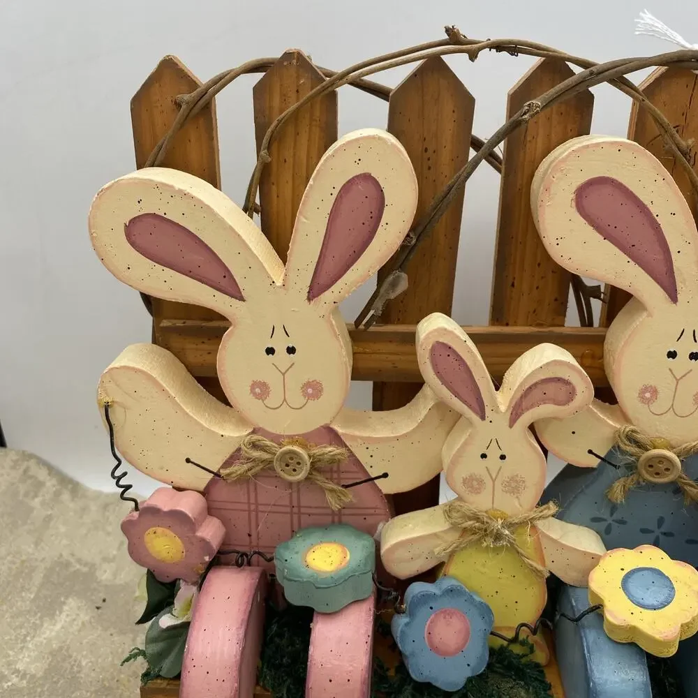 Hand crafted wooden Easter bunnies flowers Decor centerpiece 8X2.5X9.75” Tall